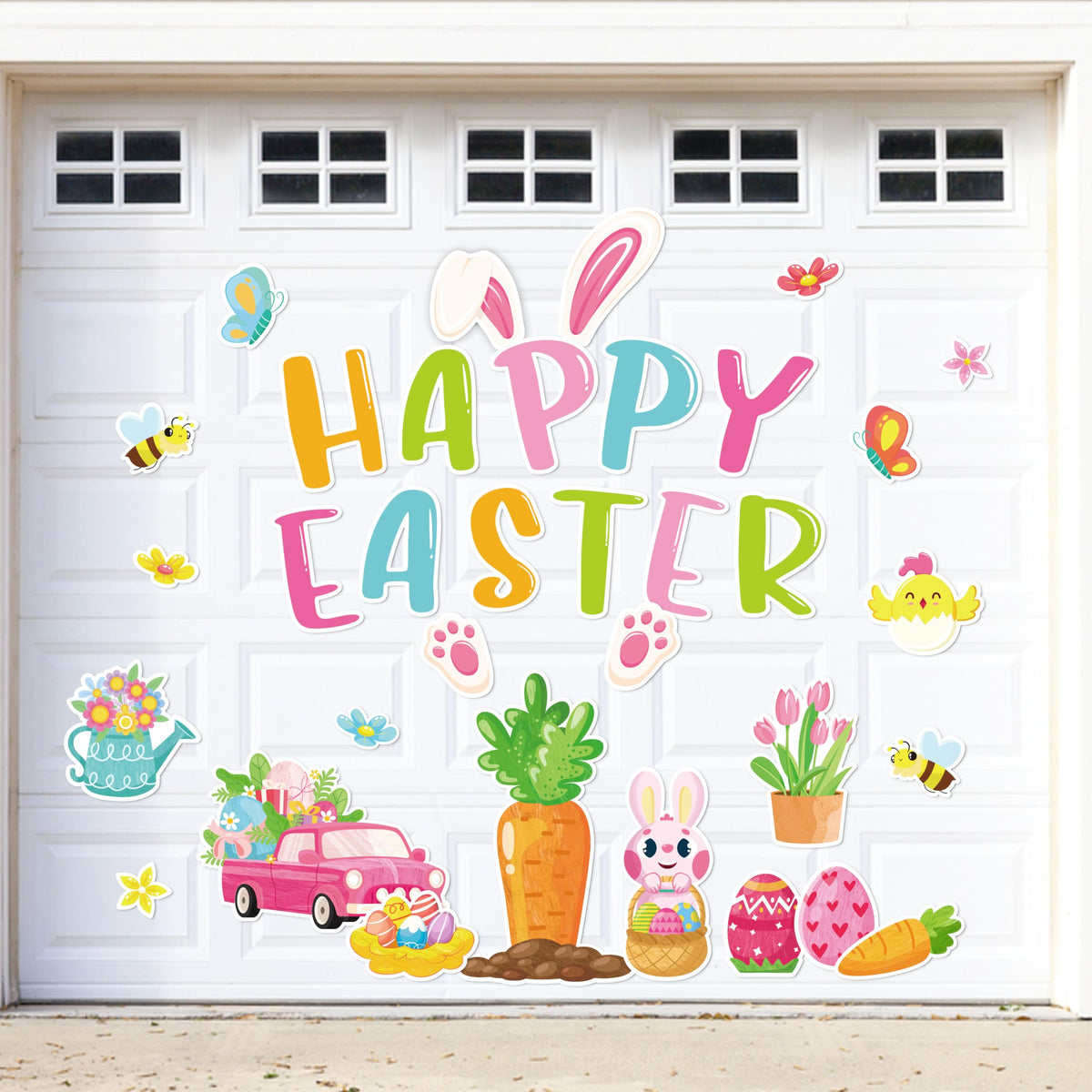 90shine Easter magnets on a garage door showing HAPPY EASTER for festive curb appeal