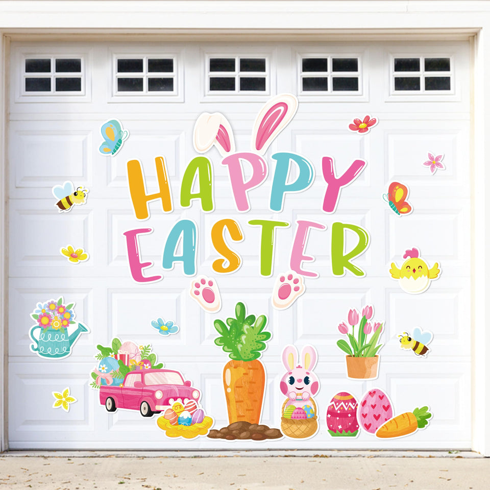 90shine Easter magnets on a garage door showing HAPPY EASTER for festive curb appeal