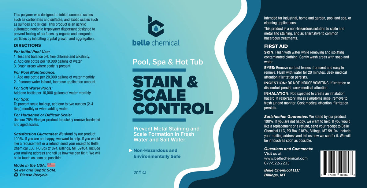 Belle Chemical stain and scale control for saltwater pools protects surfaces and reduces mineral buildup.