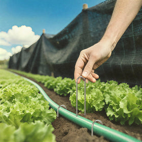Drip irrigation tubing held in place by AAGUT stakes.