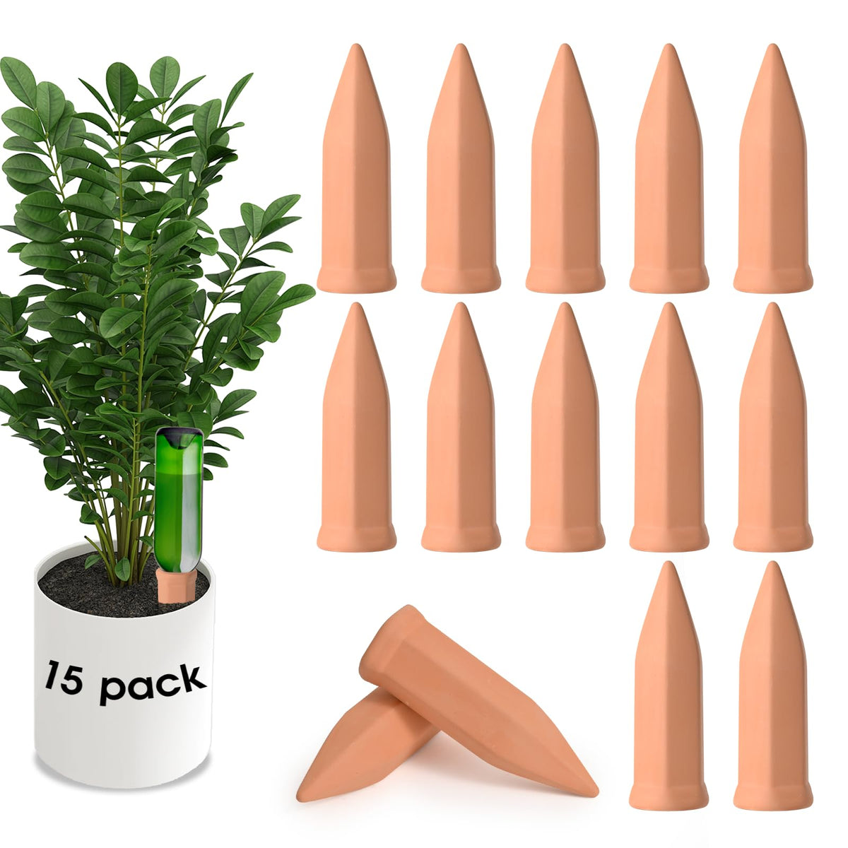 AAPPD terracotta stake installed in a pot delivers steady moisture to plant roots.