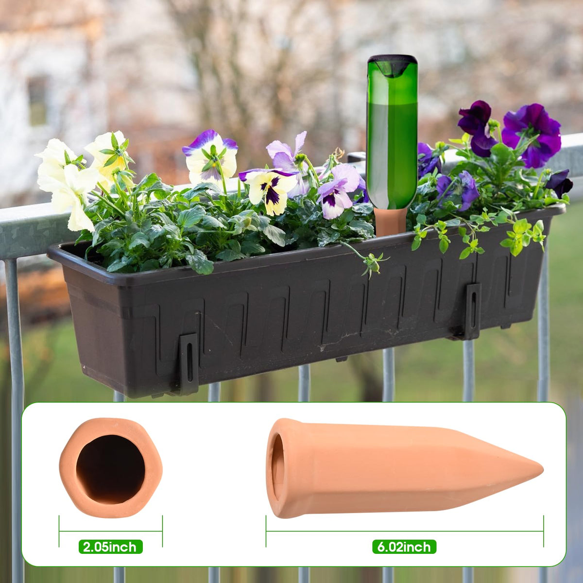 Terracotta stake paired with a wine bottle supplies water gradually while you're away.