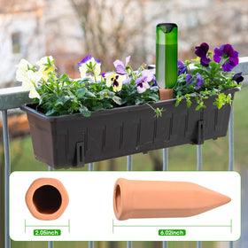 Terracotta stake paired with a wine bottle supplies water gradually while you're away.