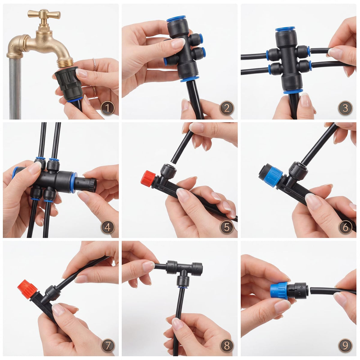 Abakuku drip emitters and blue mist nozzle for even moisture