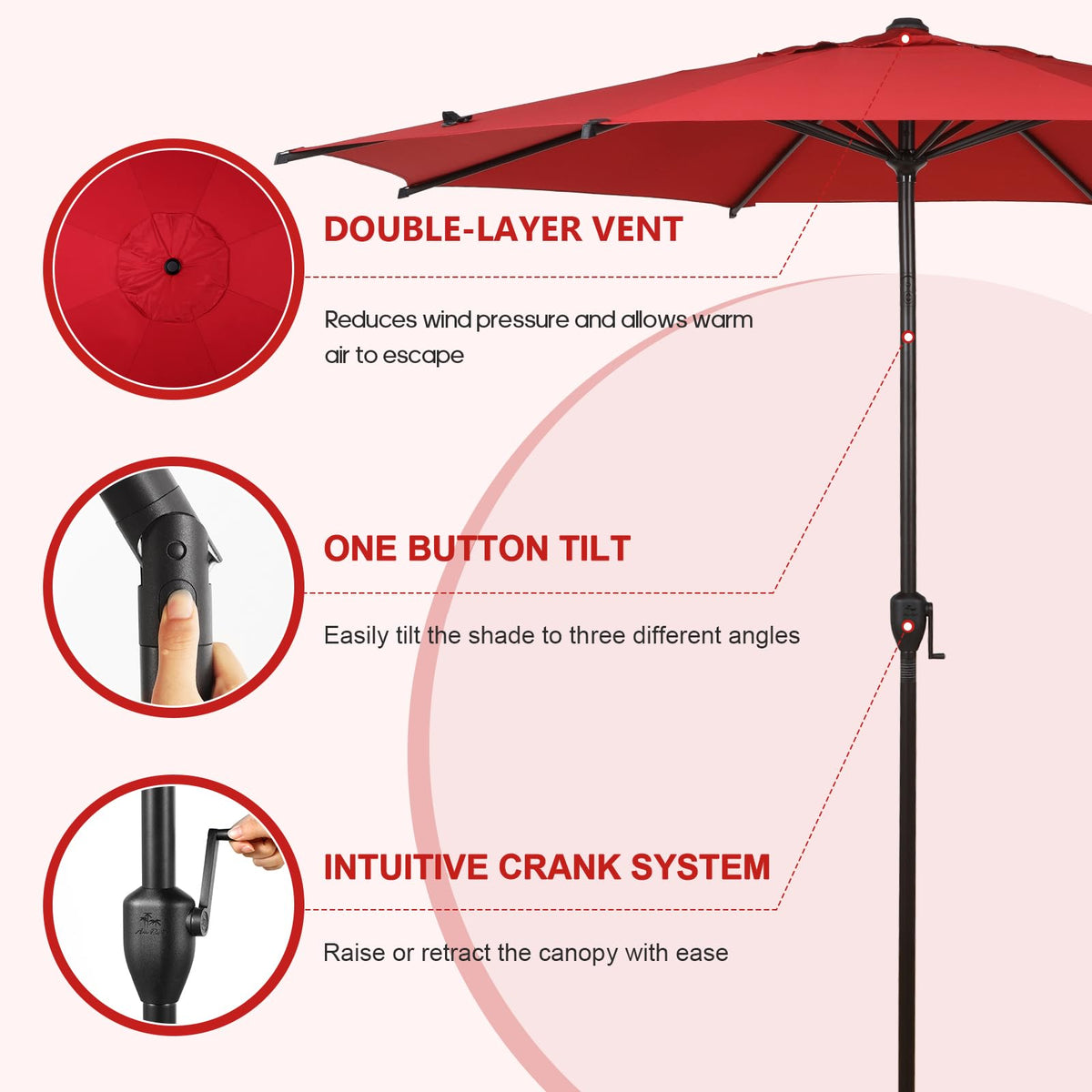 Abba Patio 9FT Lyon umbrella clip-close mechanism securing canopy folds.