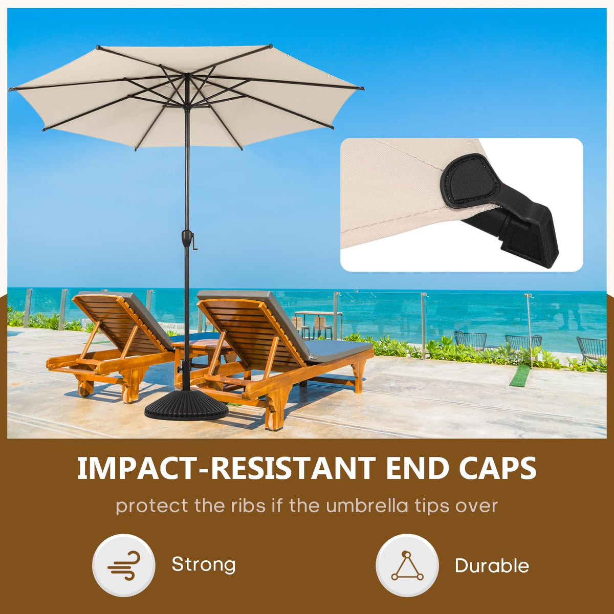 Abba Patio 9ft Lyon umbrella setup for outdoor dining and lounging.