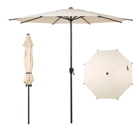 Abba Patio 9ft Lyon umbrella shading six people under a full canopy.