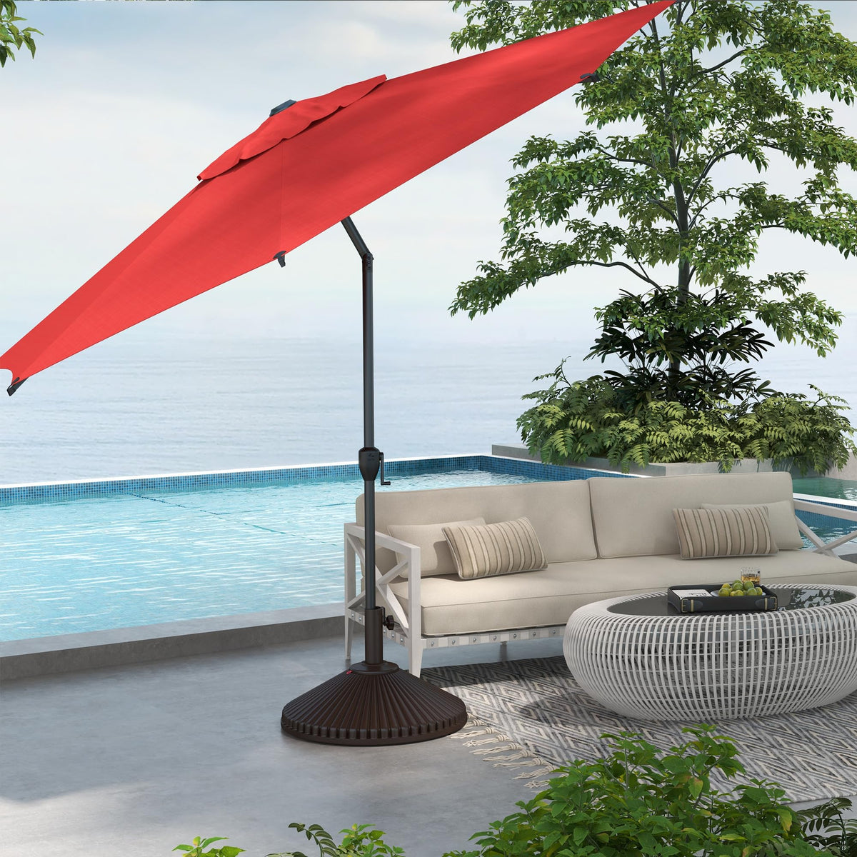 Abba Patio 9FT Lyon umbrella tilted for sun direction control.