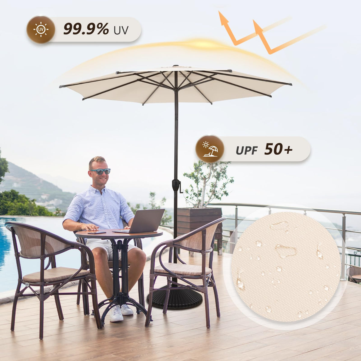 Abba Patio Lyon umbrella canopy uses waterproof fabric for light rain resilience.