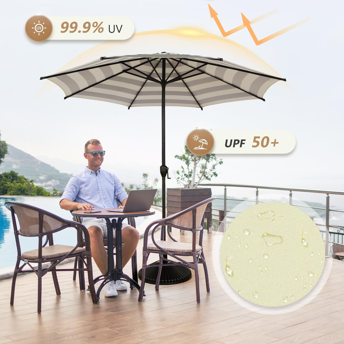 9-foot Abba Patio Lyon umbrella covers seating for up to six people