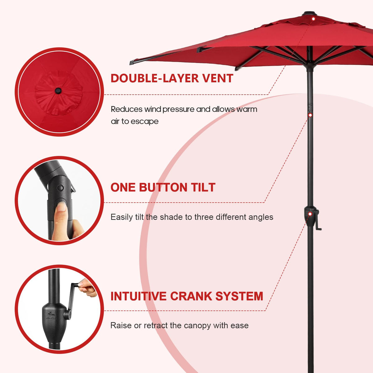 Abba Patio Lyon umbrella crank-operation enables easy height and angle control.