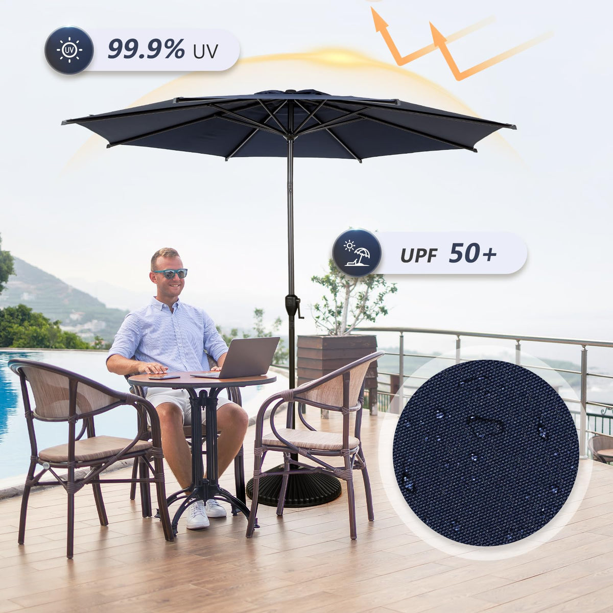 Abba Patio Lyon umbrella UPF50 fabric blocks sun and supports outdoor comfort.