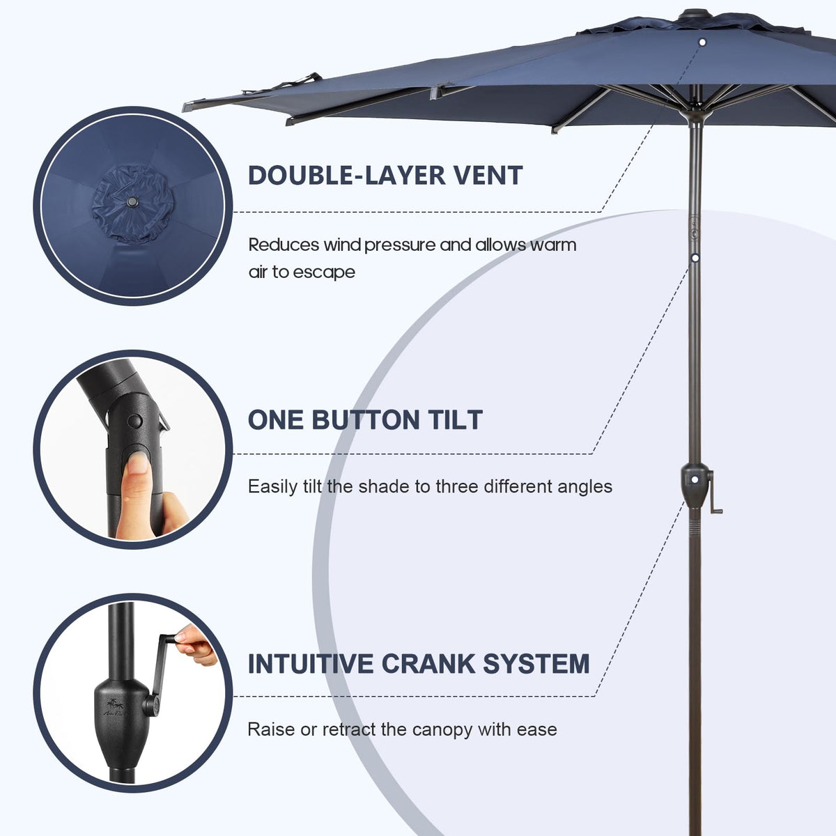 Abba Patio Lyon umbrella vented canopy improves airflow while keeping rain at bay.