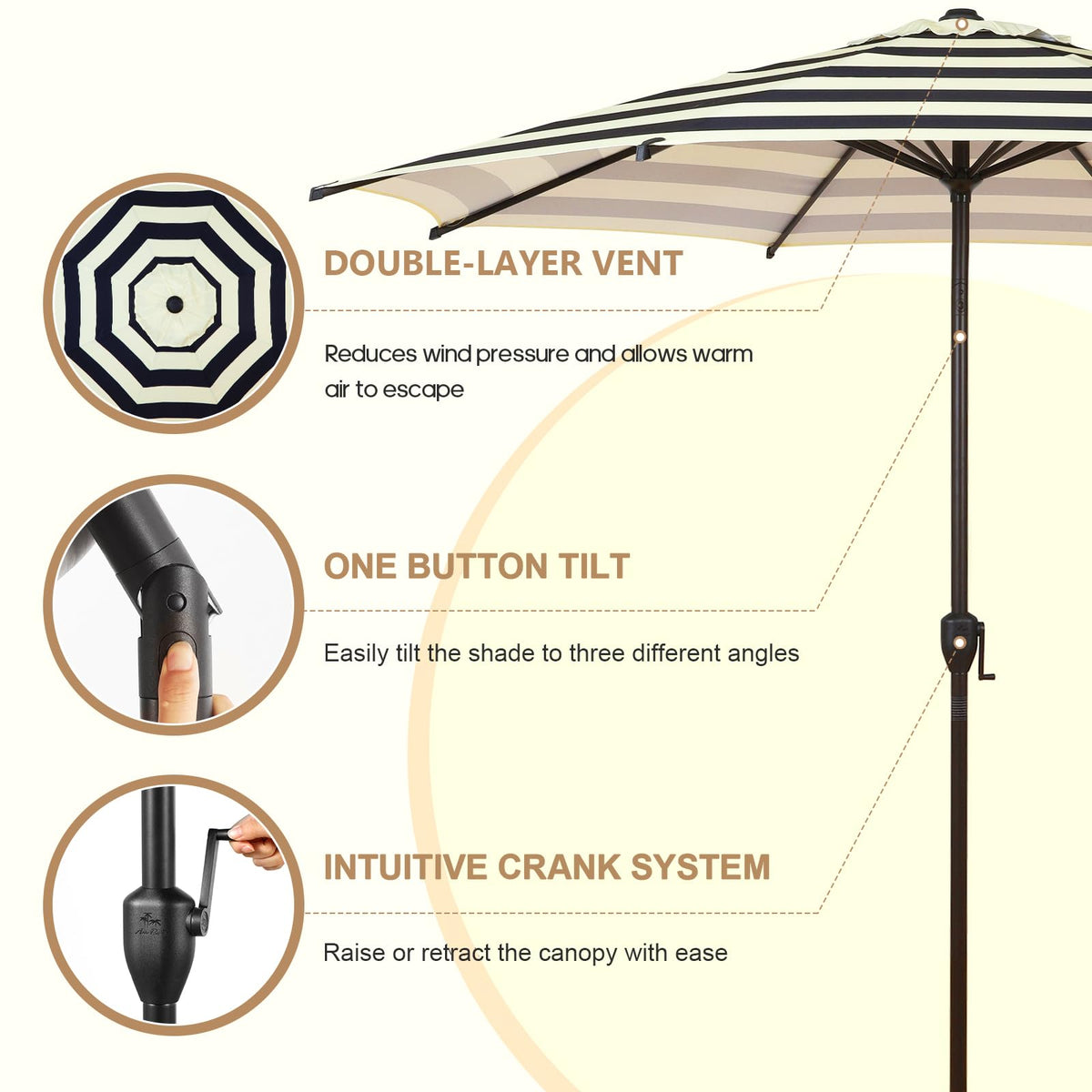 Water-repellent canopy on Abba Patio Lyon umbrella sheds light rain