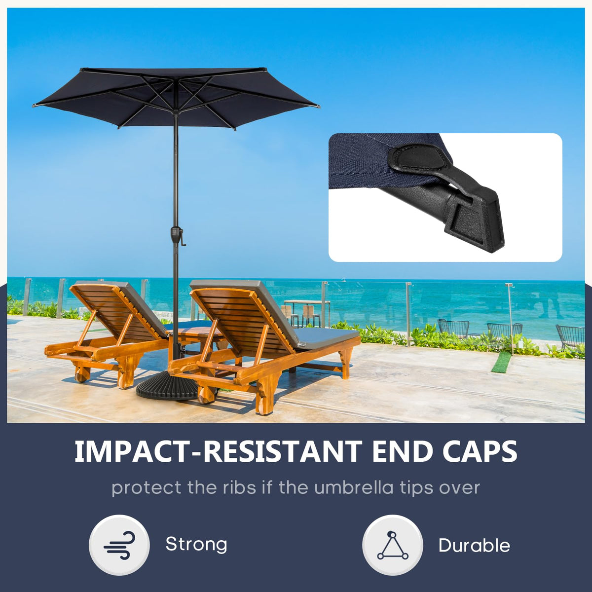 Abba Patio Lyon umbrella vented canopy improves airflow and rain shelter.