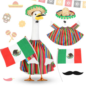 Abbylike Cinco de Mayo goose outfit with rainbow stripe enhances porch display.