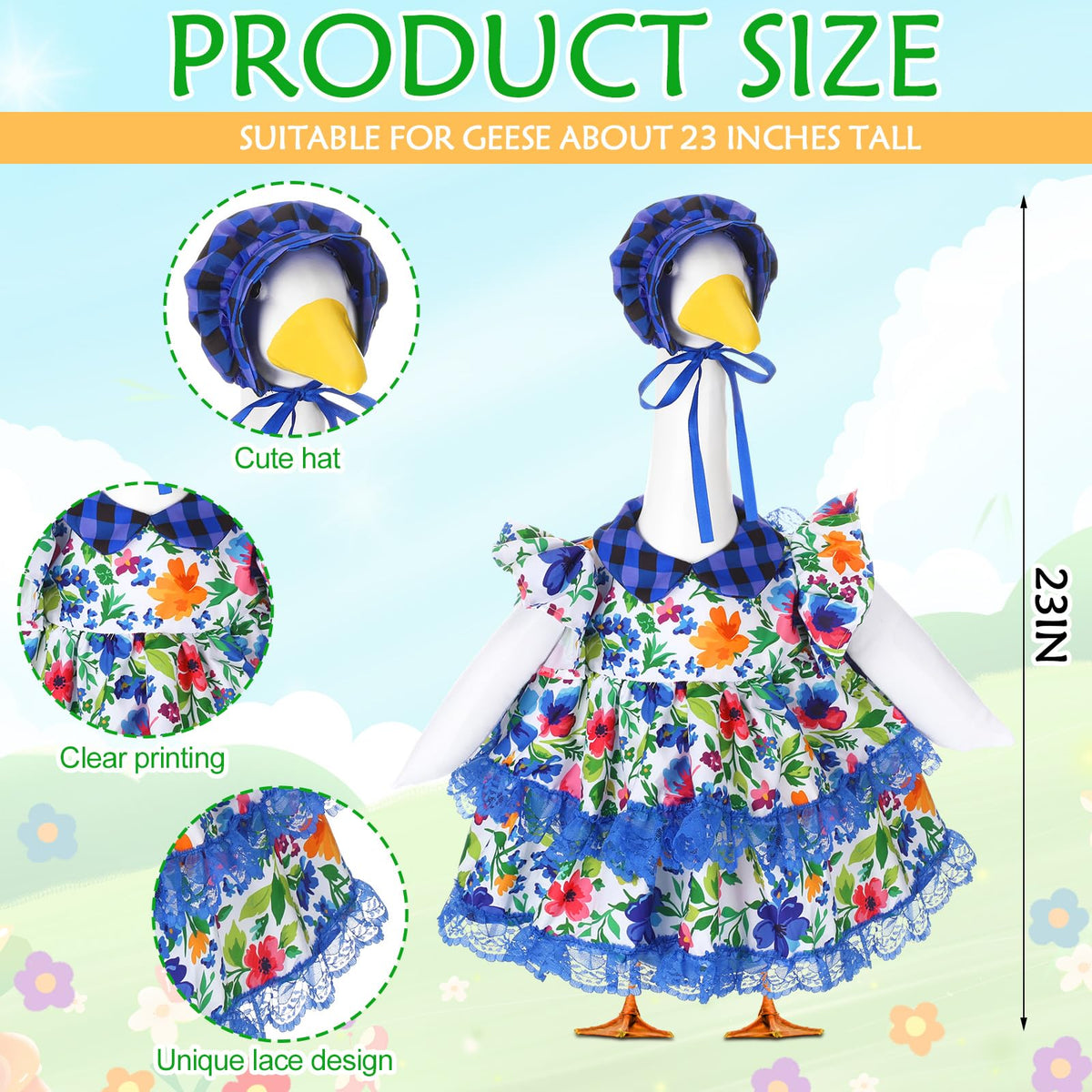 Abbylike floral goose costume fabric closeup shows durable polyurethane for weather-ready display.