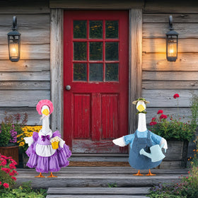 Goose outfit displayed on lawn for garden decor in blue-purple