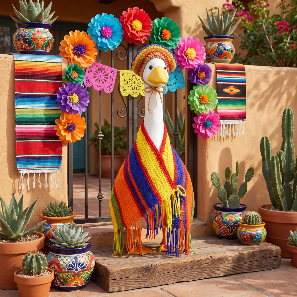 Blue Abbylike poncho adds festive flair to outdoor statues