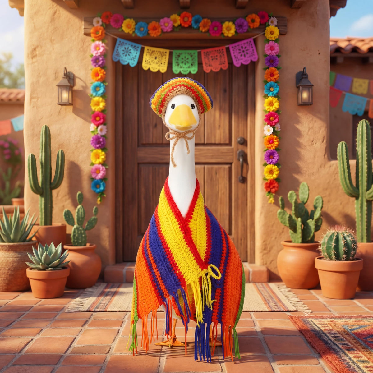 Green Abbylike goose outfit adds lively contrast to yard pathways