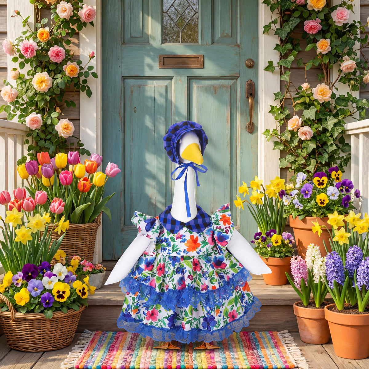 Abbylike goose hat with floral design perfect for garden display.
