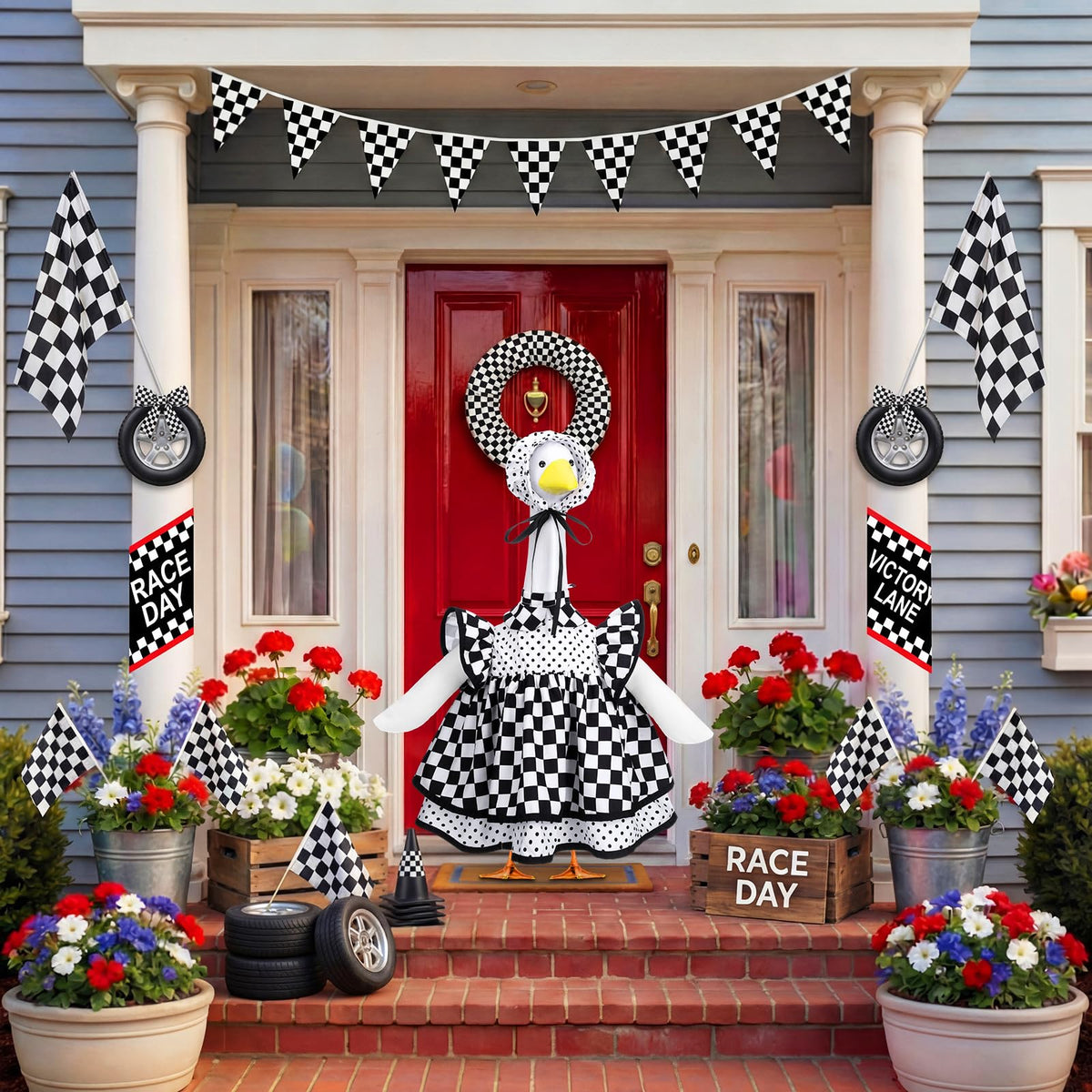 Abbylike goose outfit on statue in garden adds festive energy to yard.