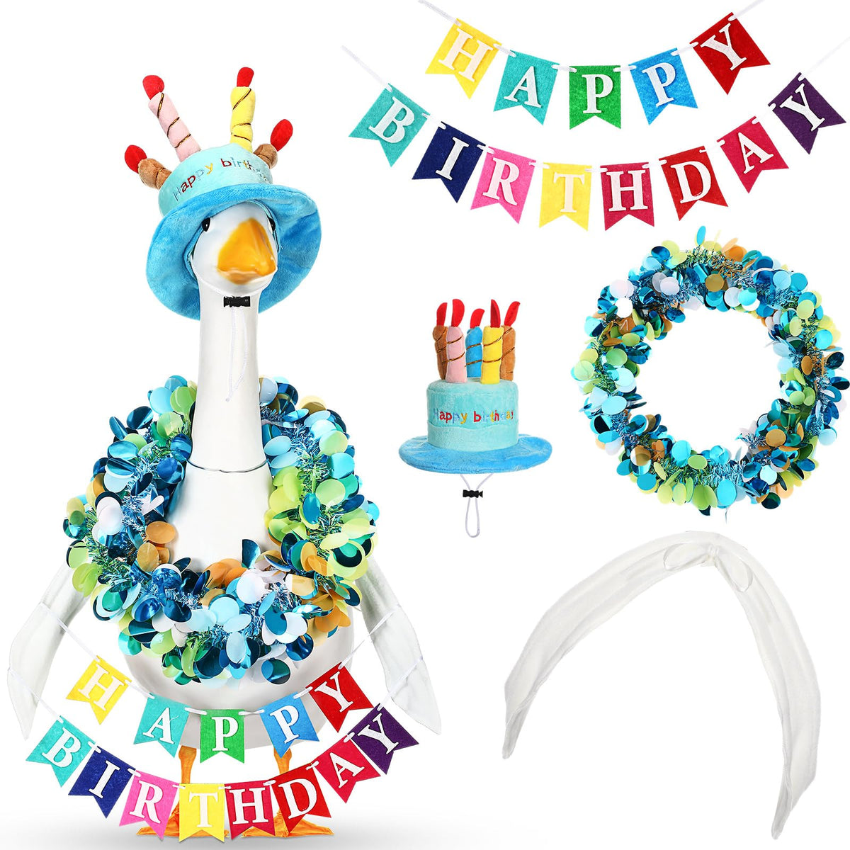 Abbylike Happy Birthday hat on a porch goose enhances festive curb appeal.