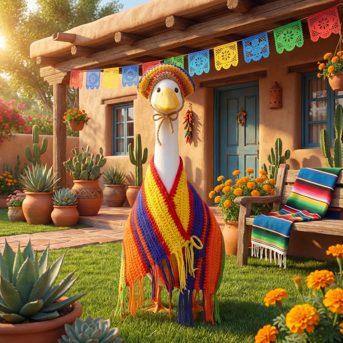 Abbylike goose costume with rainbow sombrero for festive garden decor