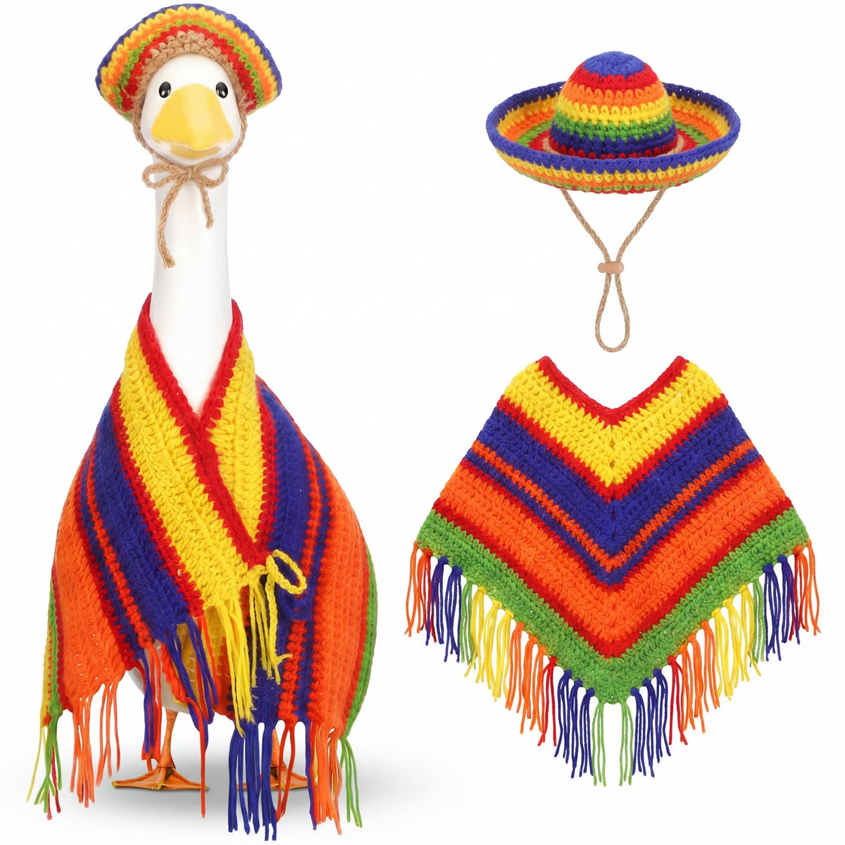 Abbylike Cinco de Mayo goose outfit with serape poncho on a 23-inch statue