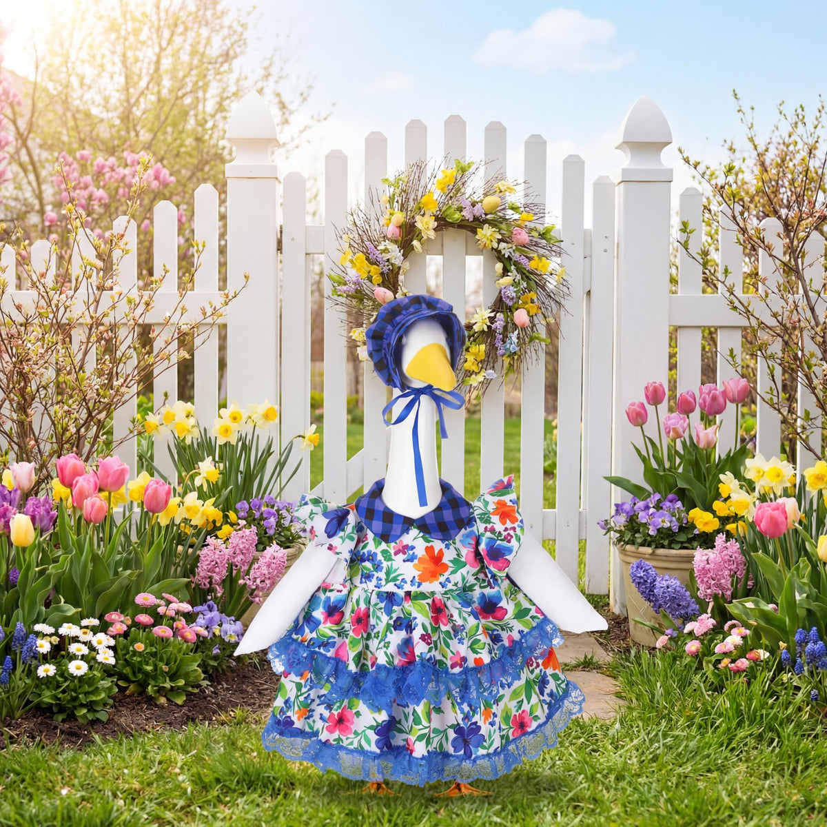 Abbylike porch-ready goose costume on lawn statue enhances outdoor charm.