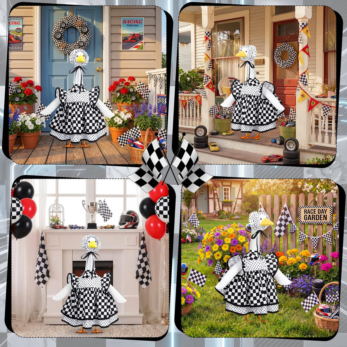 Abbylike porch goose ensemble fits most 23-inch geese for easy setup.