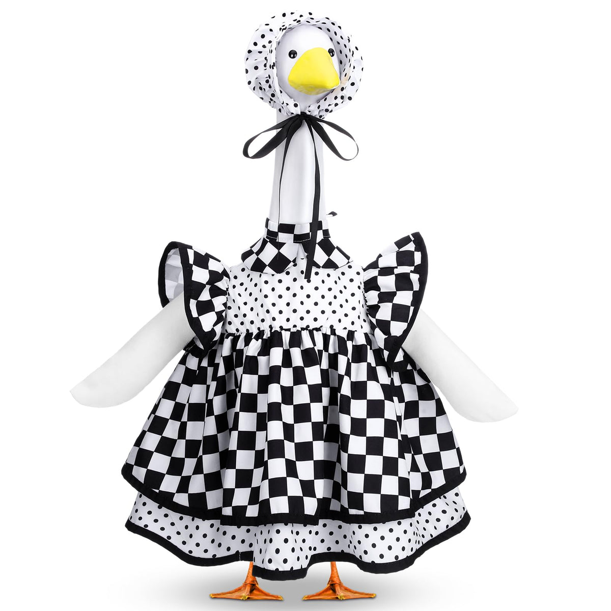 Abbylike racing car goose outfit, front view, bold black-and-white for outdoor display.
