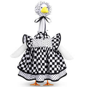 Abbylike racing car goose outfit, front view, bold black-and-white for outdoor display.
