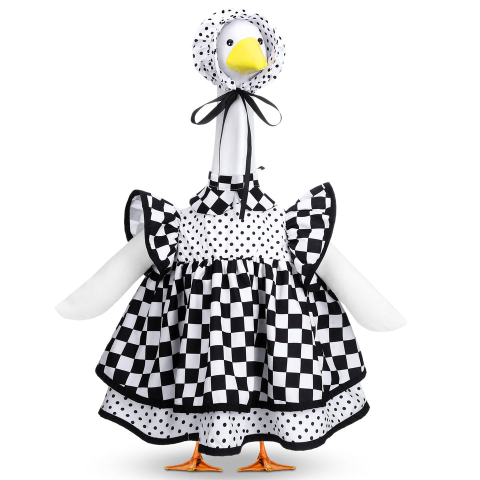 Abbylike racing car goose outfit, front view, bold black-and-white for outdoor display.