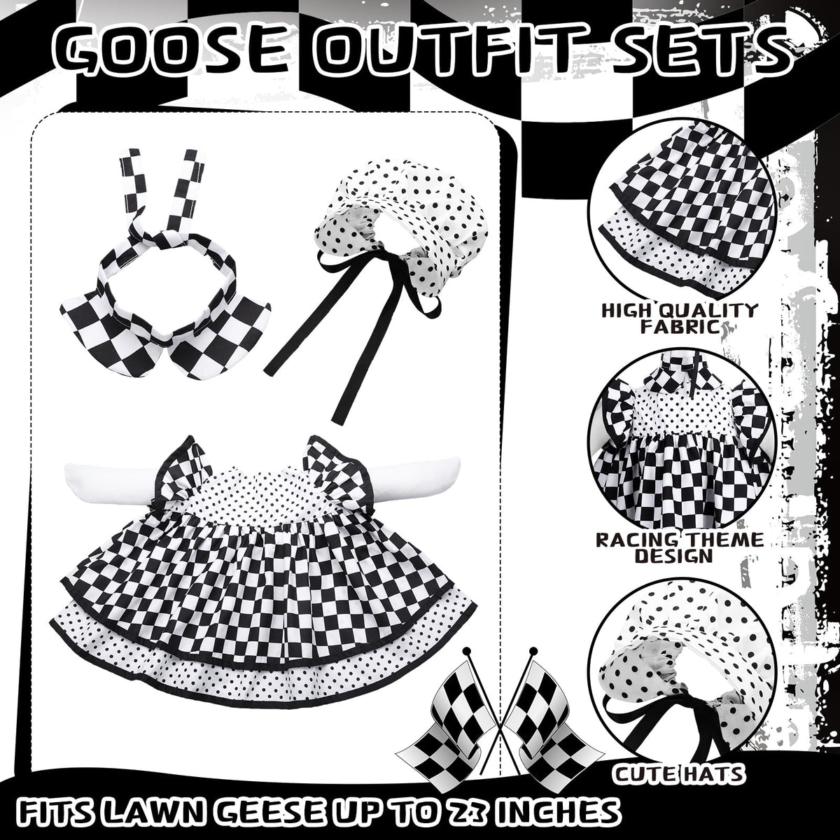 Abbylike racing car goose outfit, side view, durable fabric for year-round porch decor.