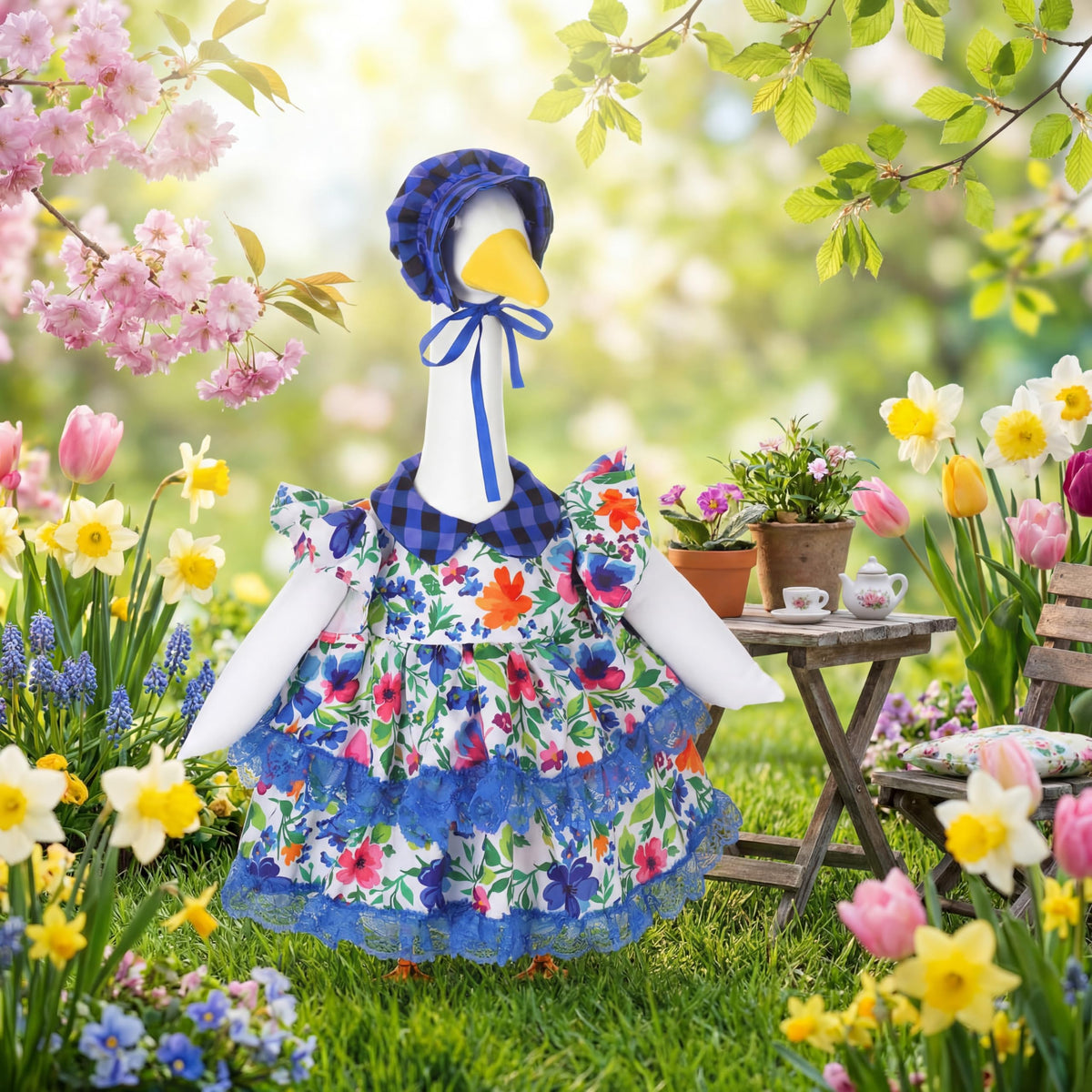 Abbylike spring garden scene goose statue wearing costume creates welcoming porch ambience.