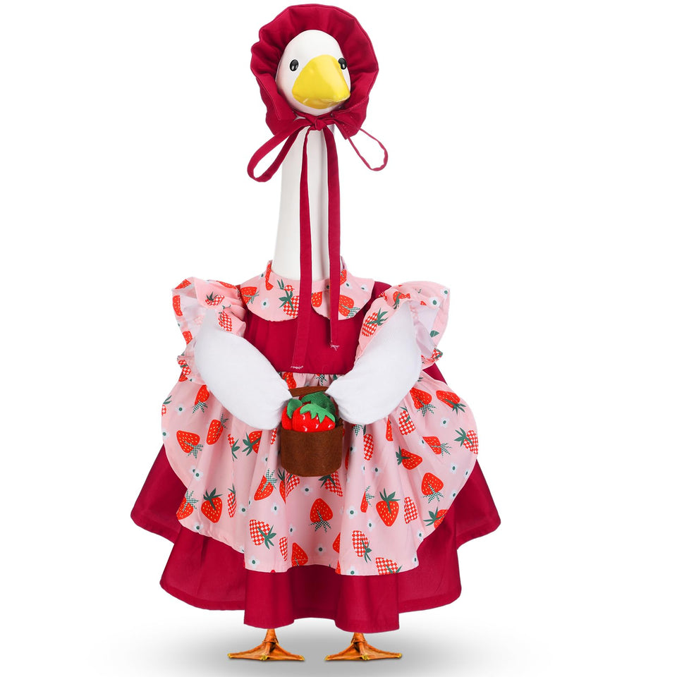 Abbylike spring porch goose outfit with strawberry skirt and red hat enhances outdoor decor.