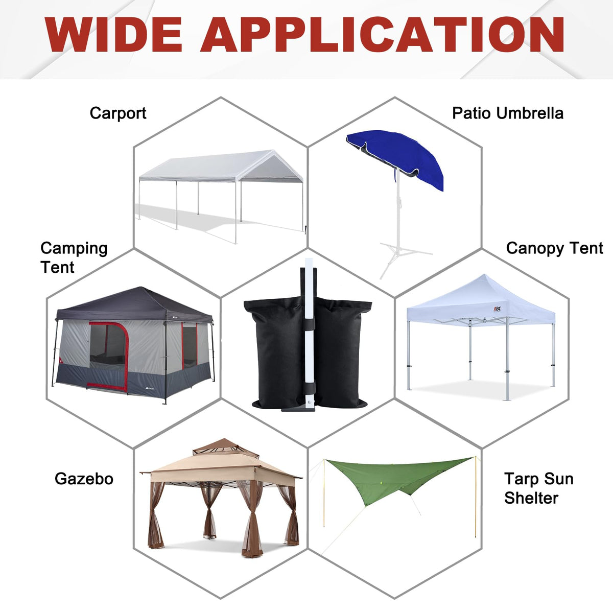 ABCCANOPY heavy-duty bags accommodate sand, rocks, or dirt for versatile anchoring