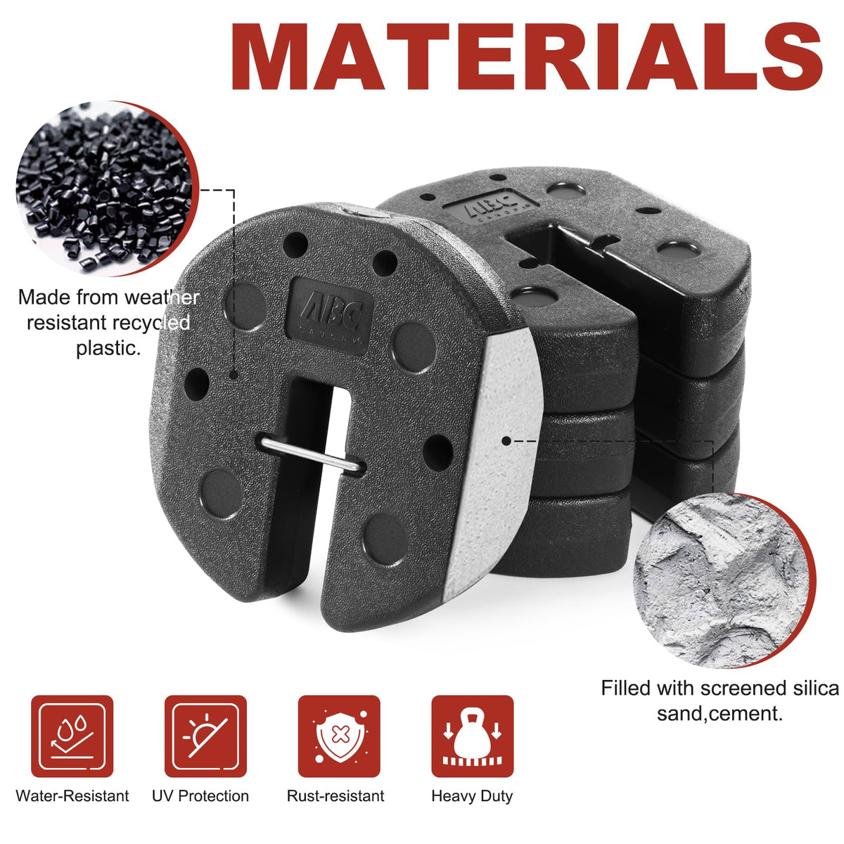 ABCCANOPY Lock-design weights attach to square legs for stable setups.
