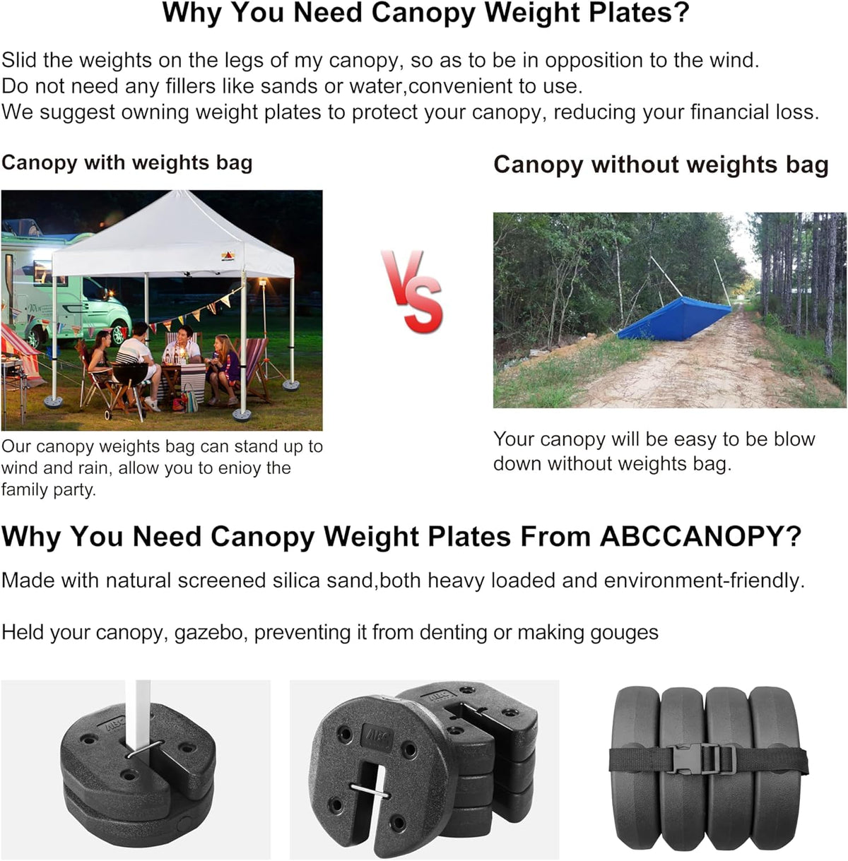 ABCCANOPY weights securing tents, gazebos, and umbrellas in various outdoor scenarios