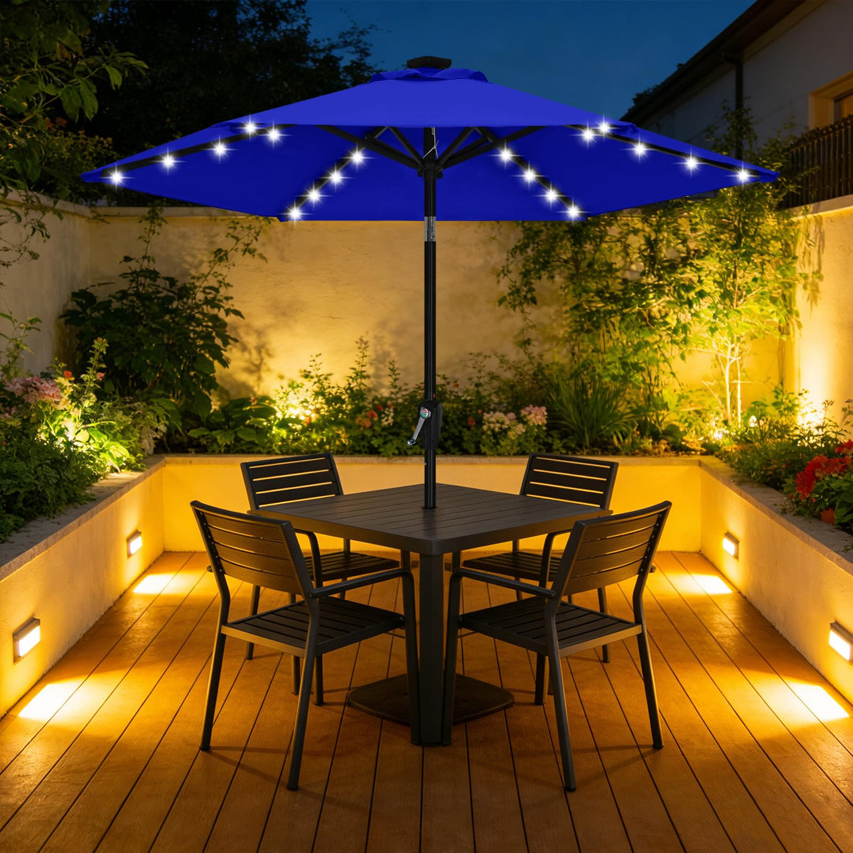 ABCCANOPY backyard patio setup with table umbrella providing sheltered dining