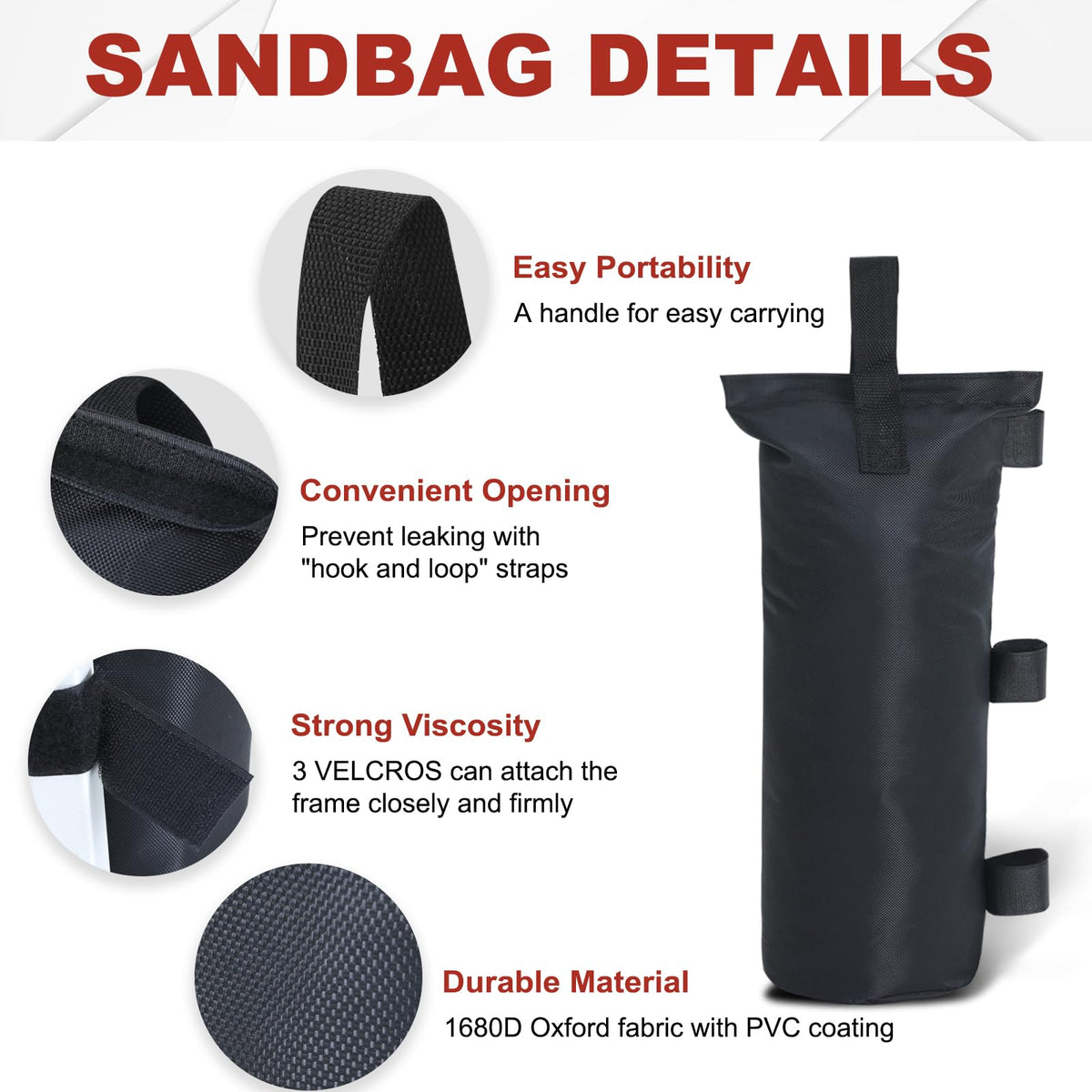 ABCCANOPY sand bags with Velcro closures secure around canopy legs.