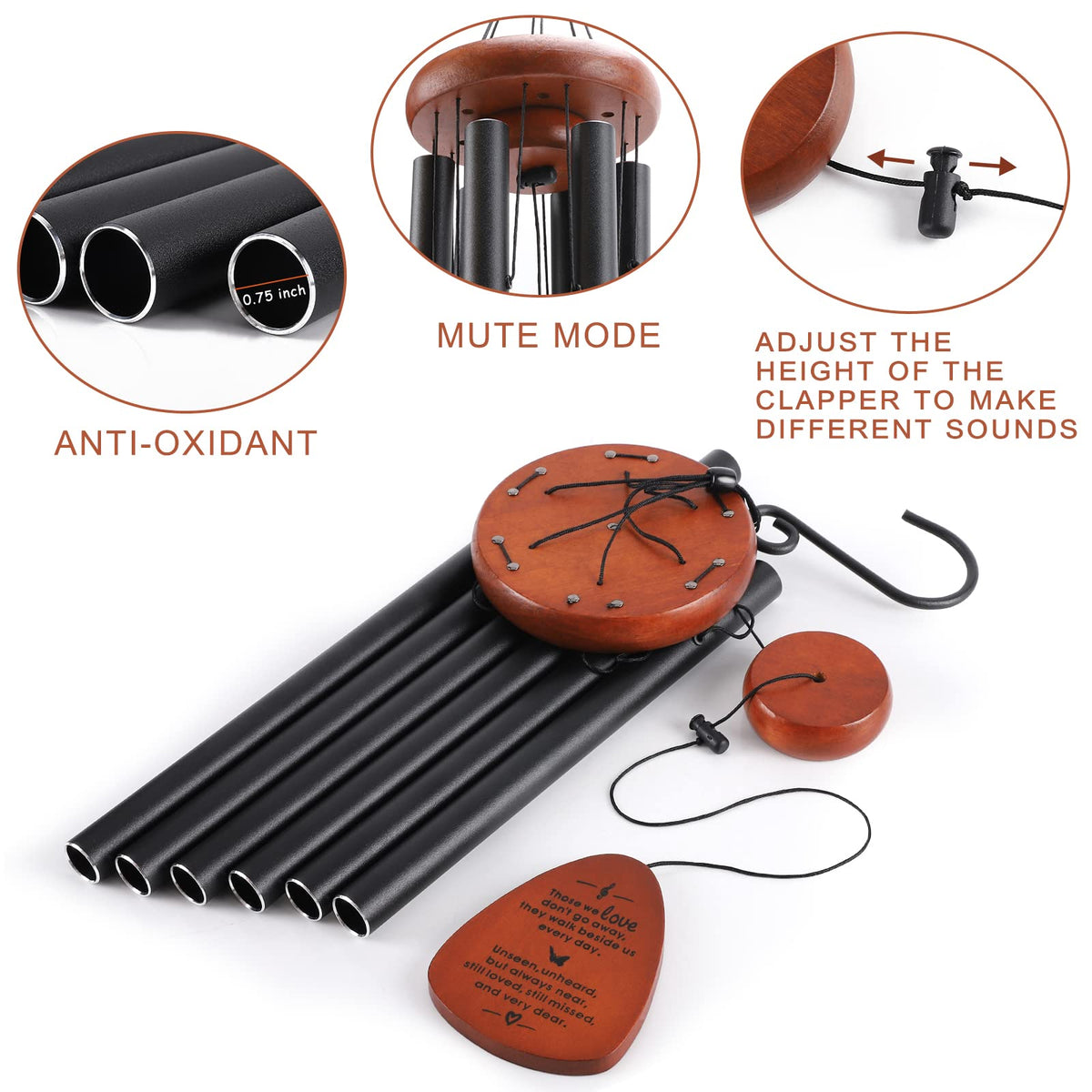 ABEICO durable pine wood and coated aluminum wind chime for weather resistance.