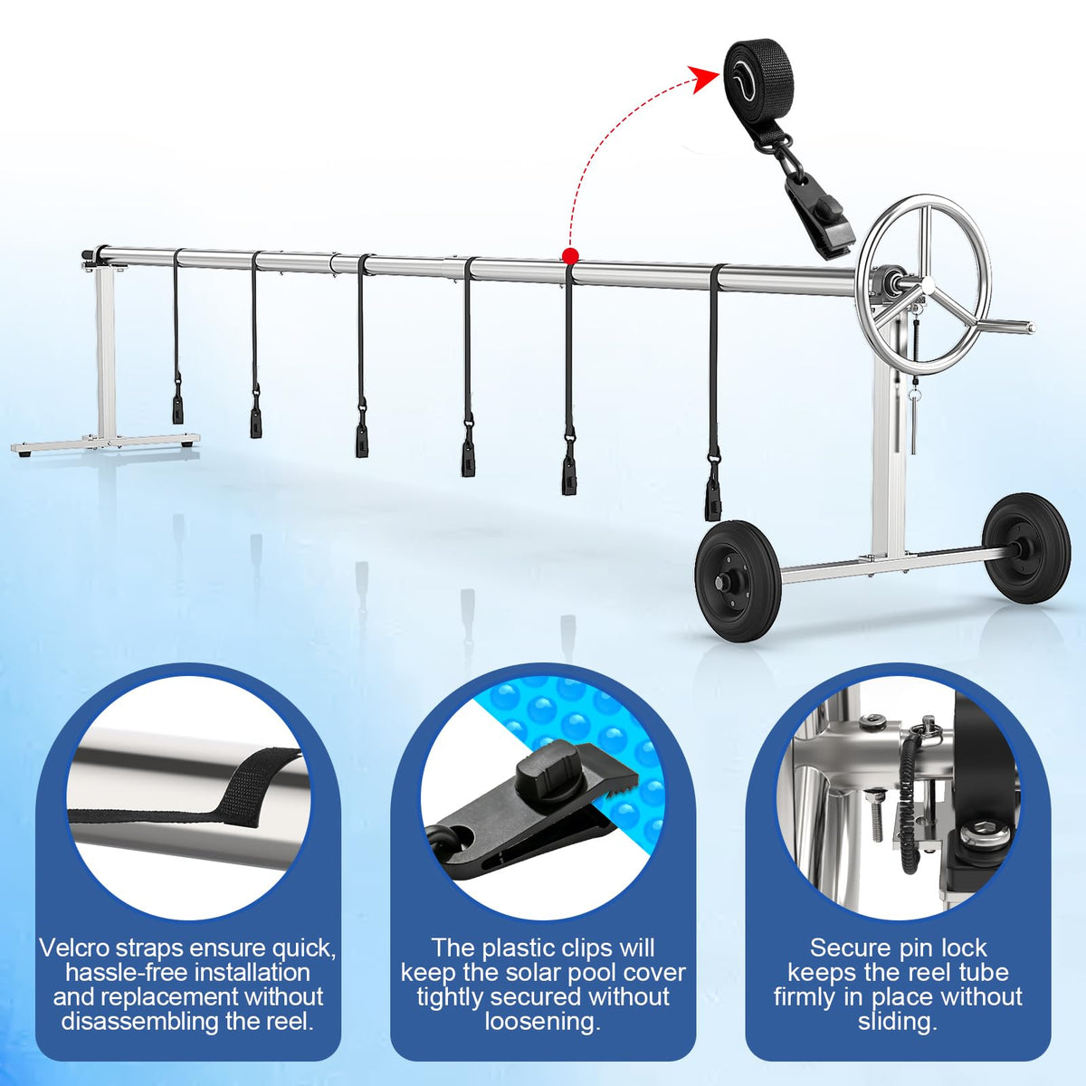Abimars heavy-duty reel supports in-ground pool safety covers and blankets.