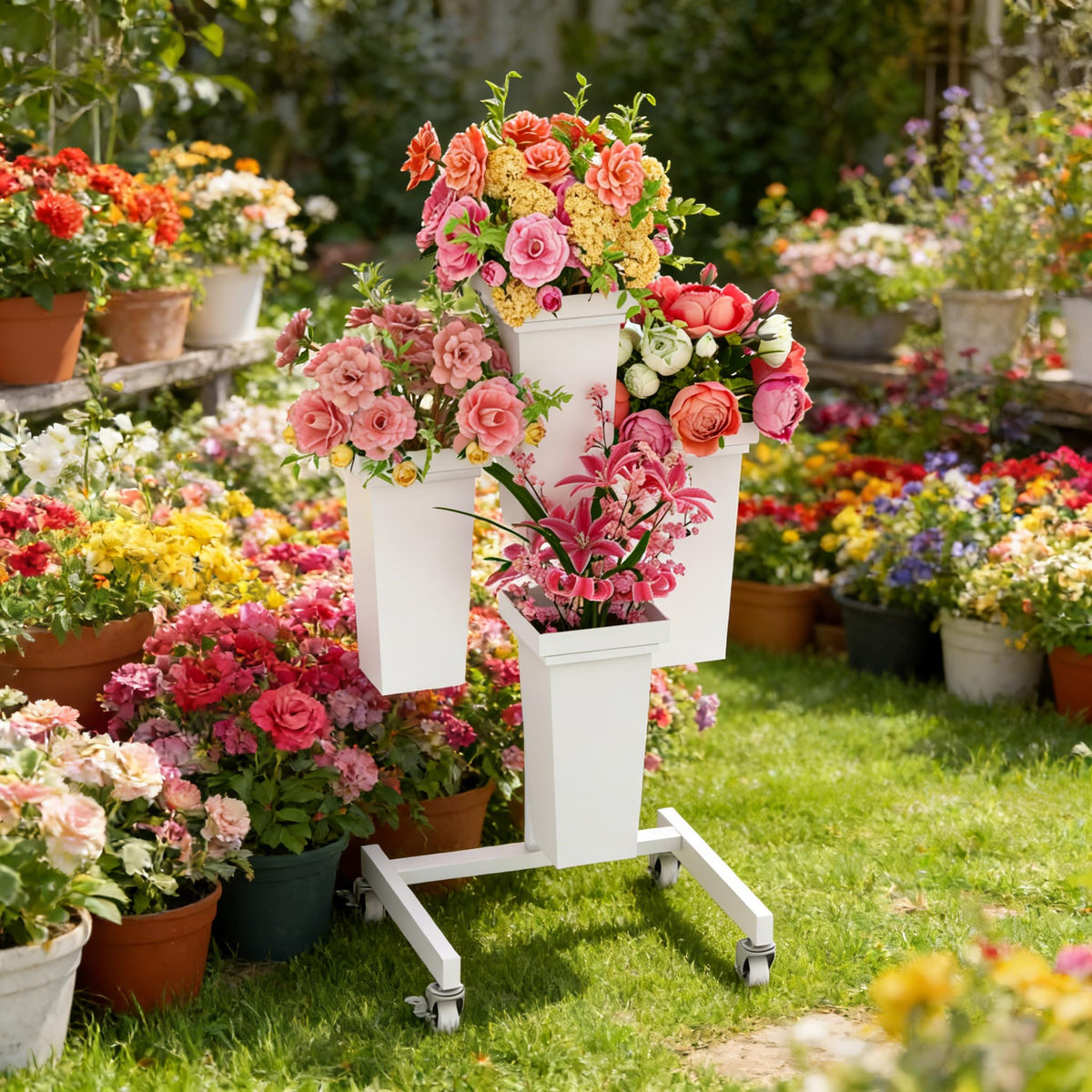 aboxoo Flower Stand on Wheels — smooth mobility for venue setups and quick rearrangements.