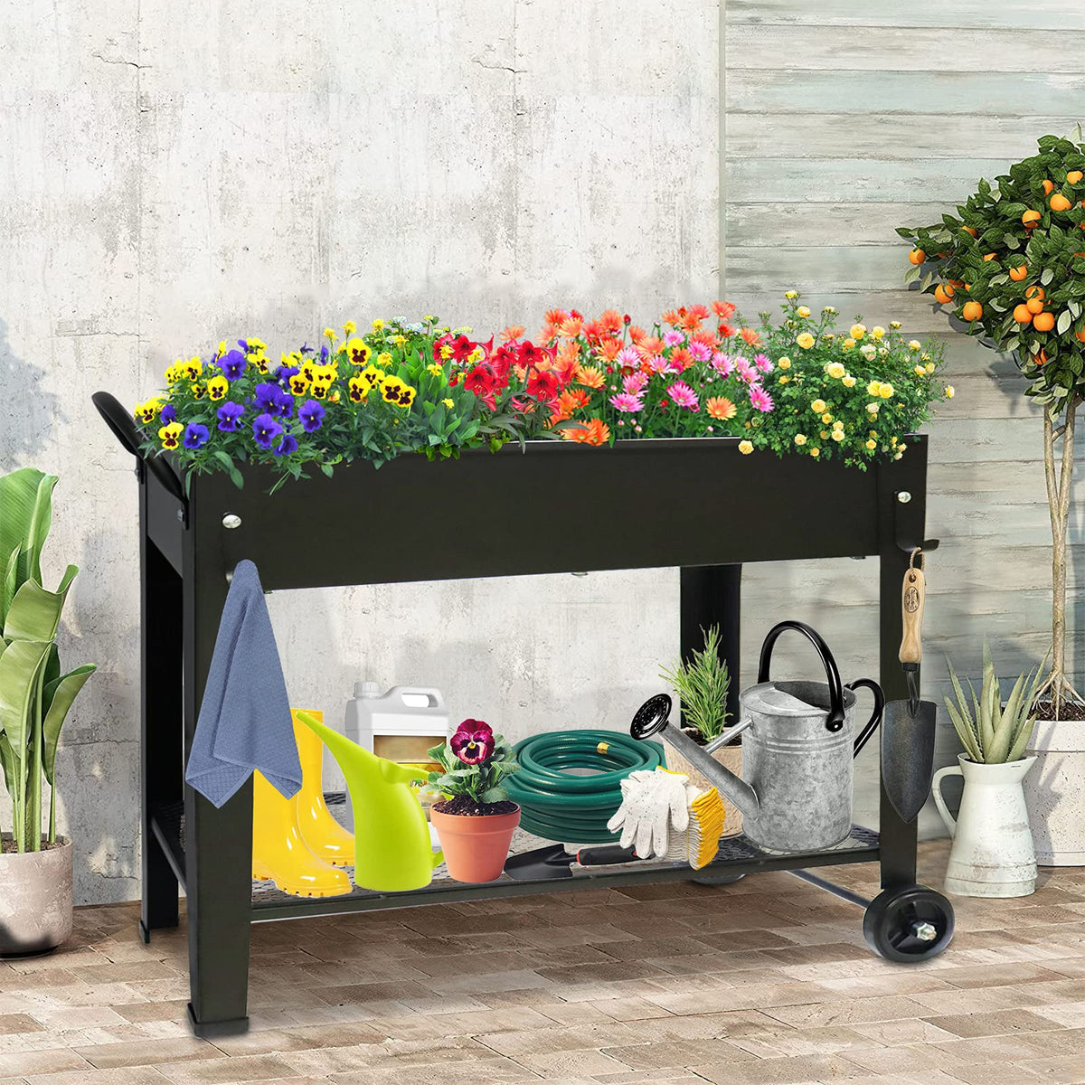 aboxoo non-toxic steel planter raises plants without bending over.
