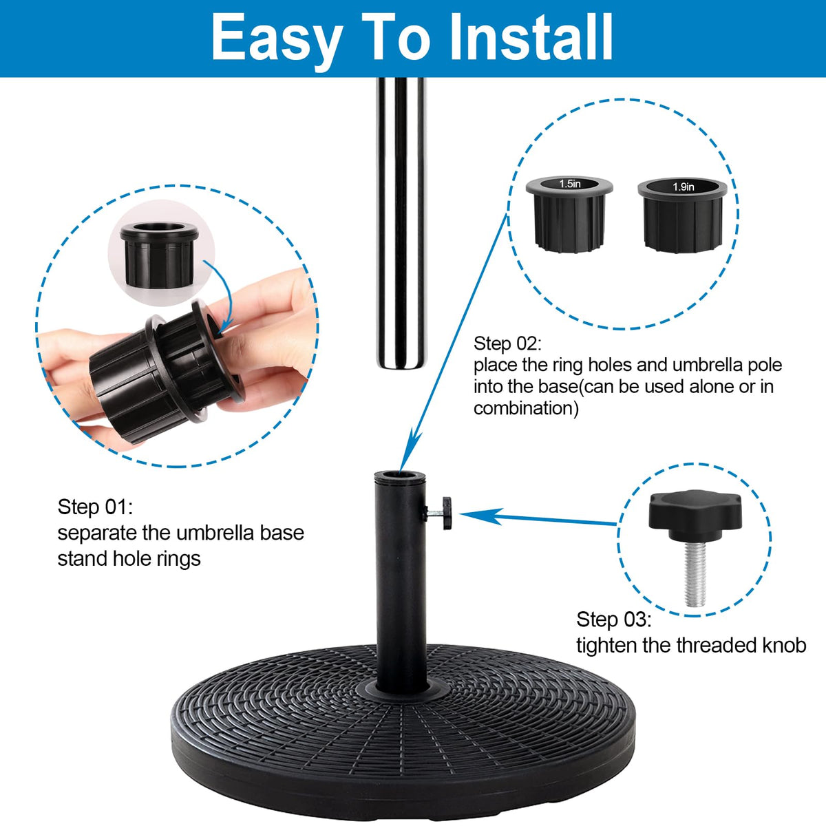 abrwyy m8 threaded knobs secure heavy umbrella poles to the base.