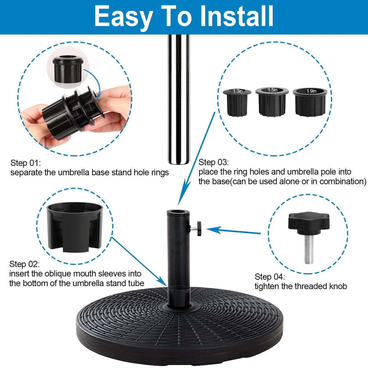 Abrwyy 1.9-inch inner diameter hole ring fits larger poles for stable setup.