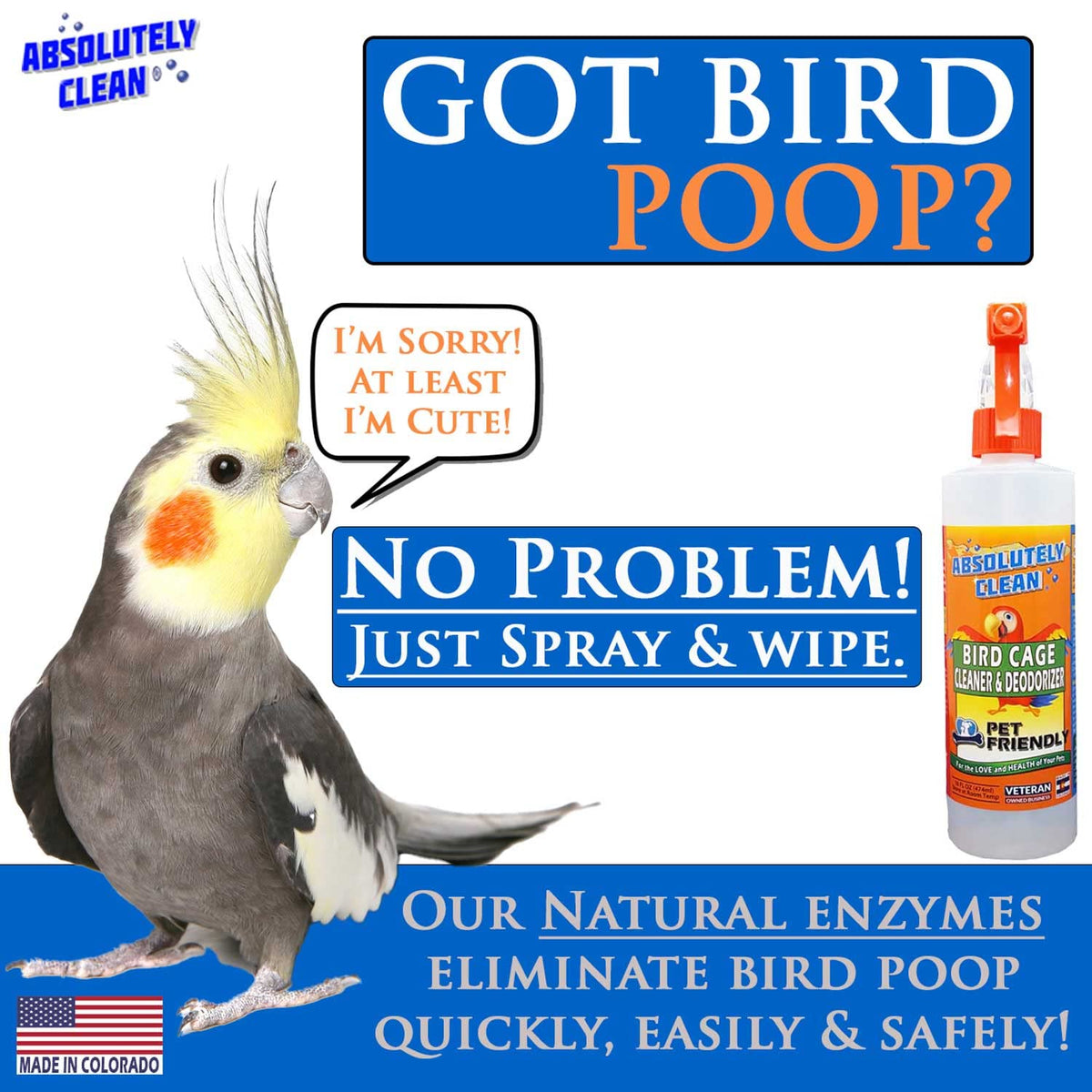 Absolutely Clean cleaner being applied to bird cage for fast cleanup
