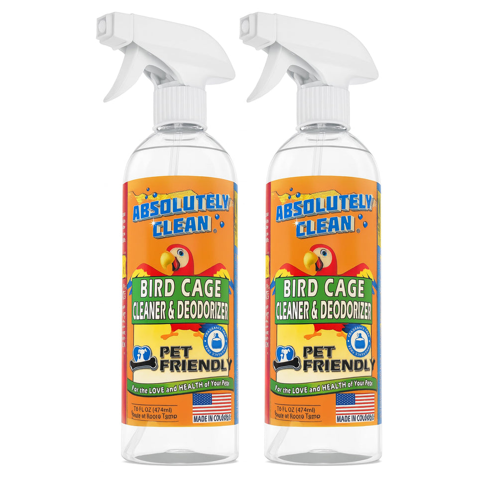 Absolutely Clean bird cage cleaner spray bottle in use targeting messes